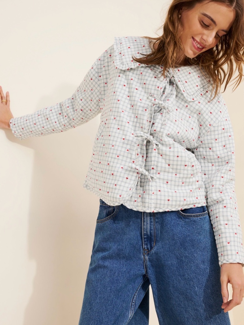 NWT Maeve Light Blue and Red Heart Print Quilted Jacket